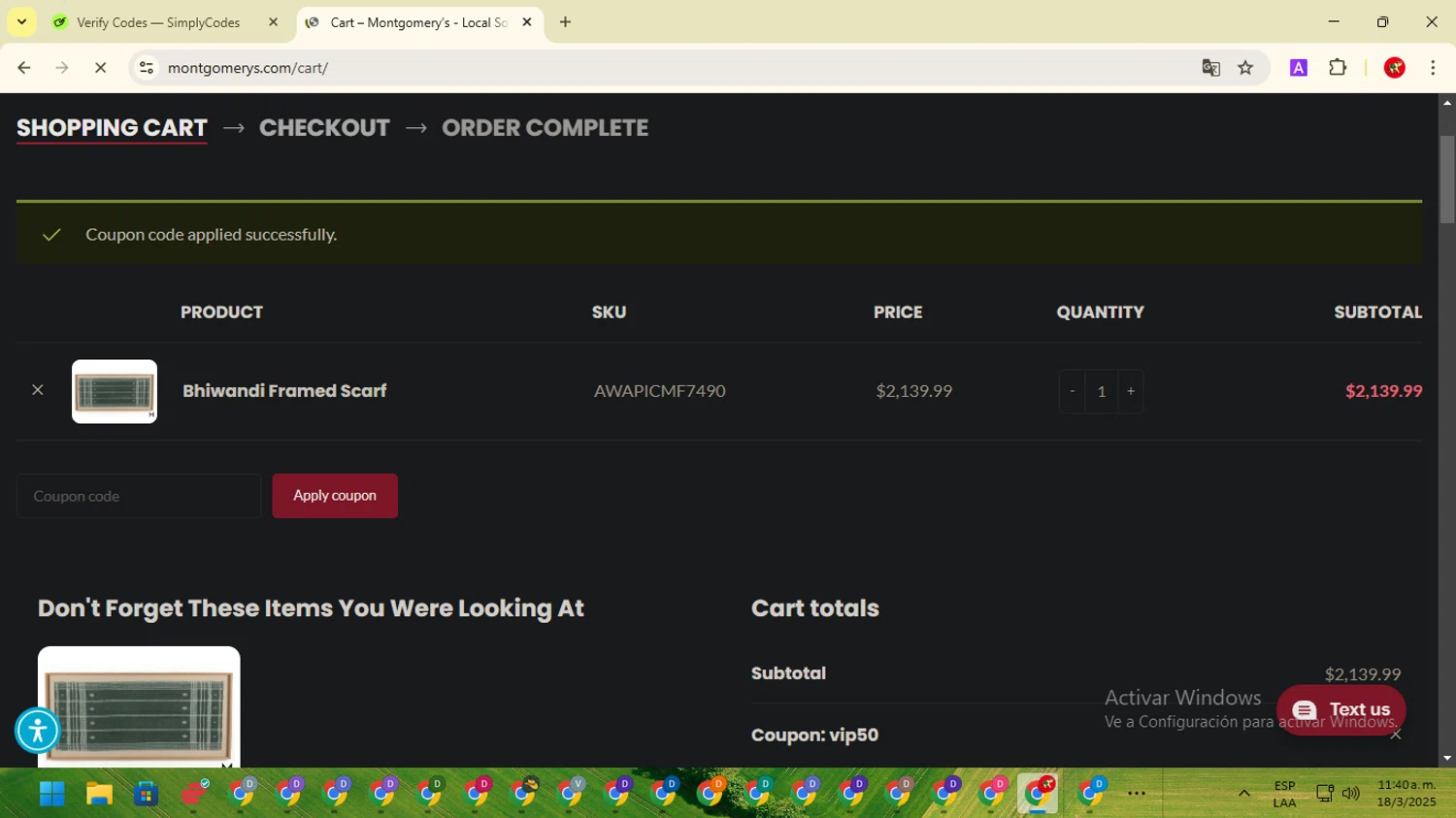Montgomery’s checkout page showing Montgomery’s promo code box | Screenshot taken by SimplyCodes community member on Mar 18, 2025