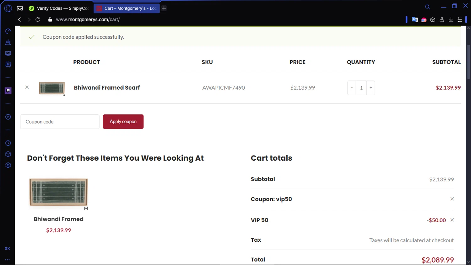 Montgomery’s checkout page showing Montgomery’s promo code box | Screenshot taken by SimplyCodes community member on Jan 30, 2025