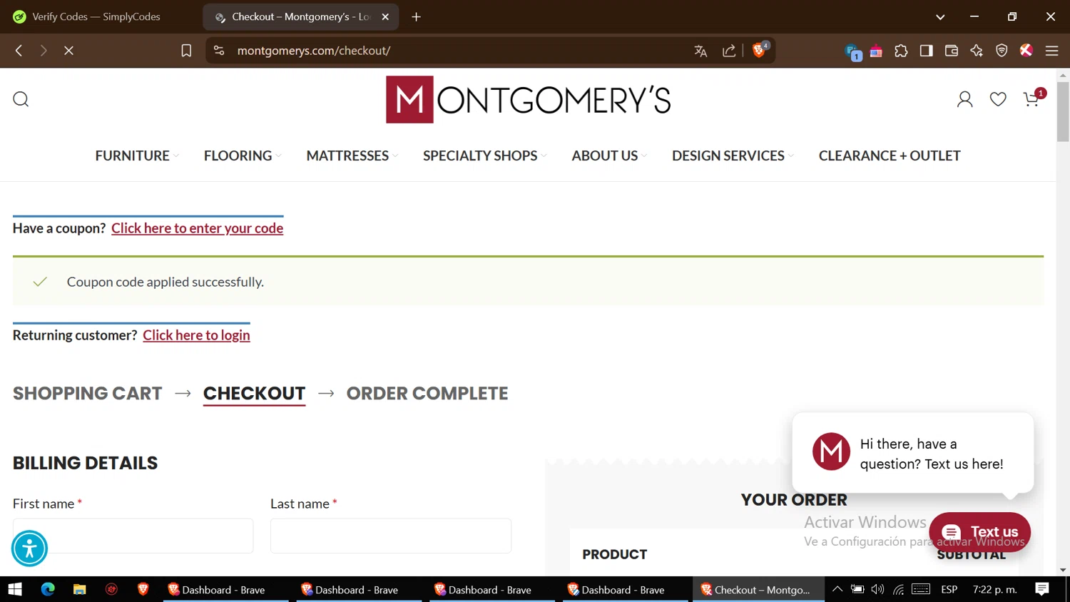 Montgomery’s checkout page showing Montgomery’s promo code box | Screenshot taken by SimplyCodes community member on Mar 6, 2025