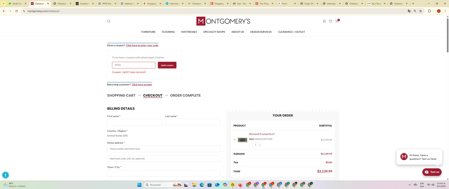 Montgomery’s promo code screenshot showing code VIP50 applied at Montgomery’s checkout page. Uploaded by SimplyCodes community member PrimeBoss695 on Apr 8, 2025