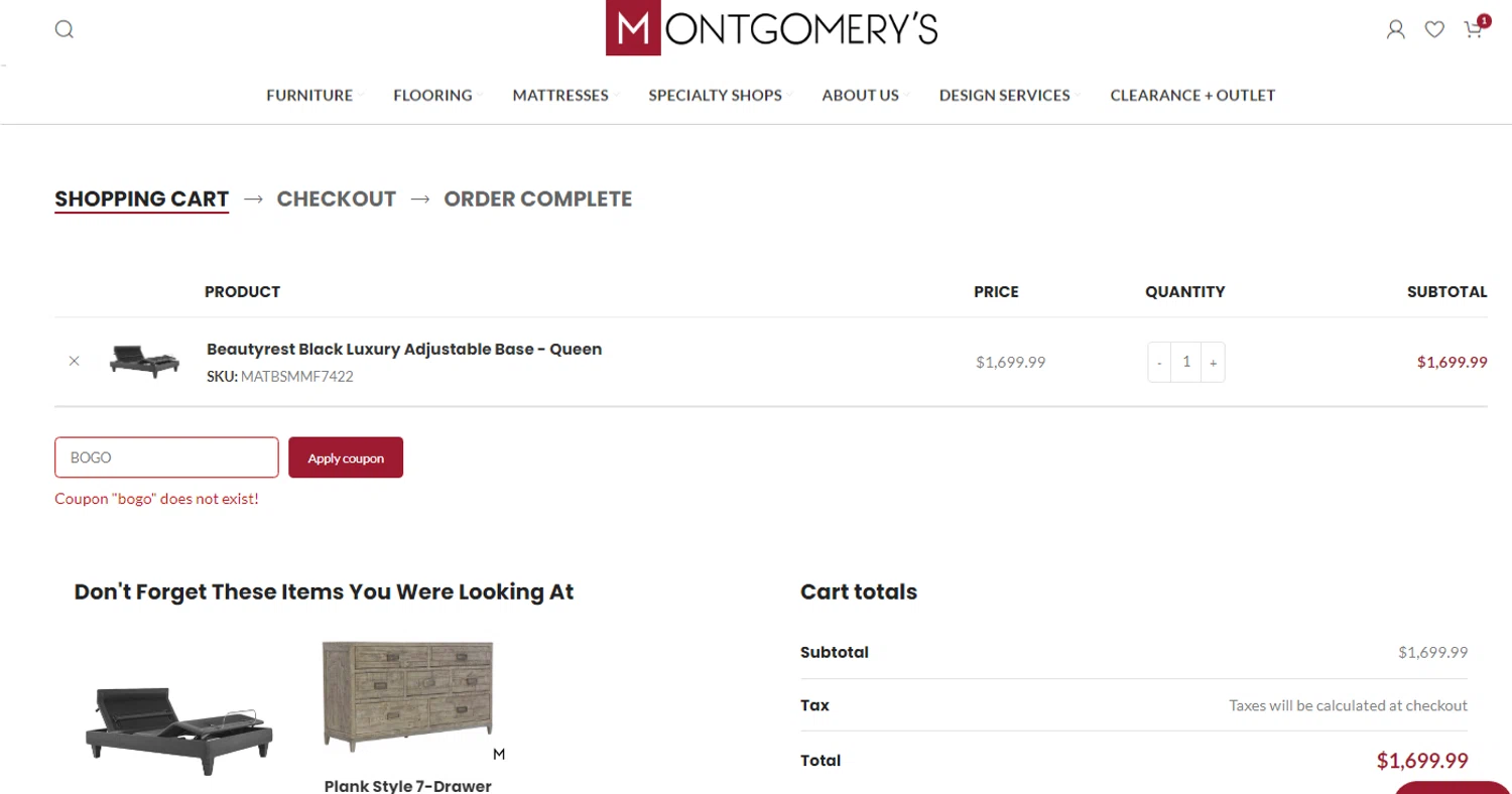 Montgomery’s promo code screenshot showing code BOGO applied at Montgomery’s checkout page. Uploaded by SimplyCodes community member luisdavidbracho on May 16, 2025