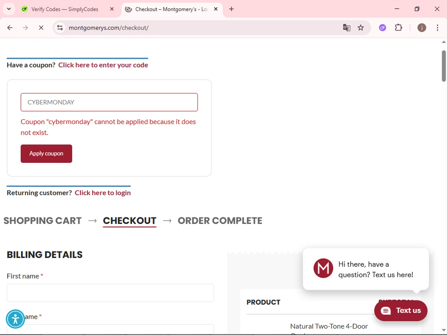 Montgomery’s promo code screenshot showing code CYBERMONDAY applied at Montgomery’s checkout page. Uploaded by SimplyCodes community member xcvcxvsave on Dec 3, 2025