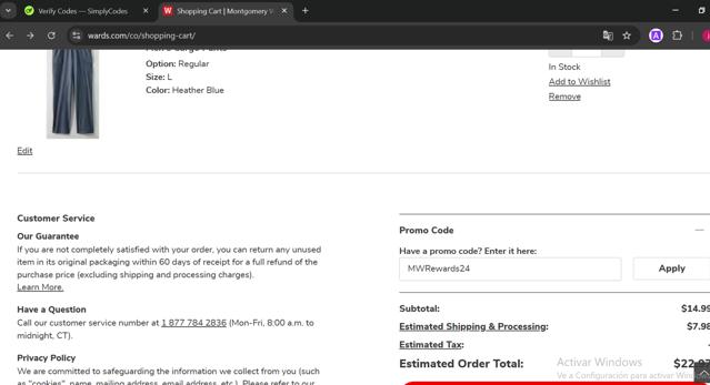 Montgomery Ward checkout page showing Montgomery Ward promo code box | Screenshot taken by SimplyCodes community member on Nov 24, 2024