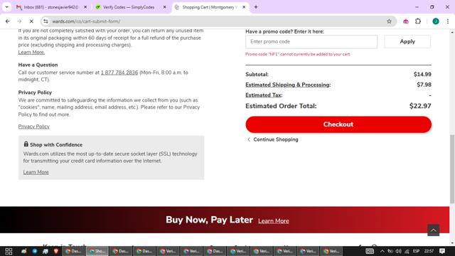Montgomery Ward checkout page showing Montgomery Ward promo code box | Screenshot taken by SimplyCodes community member on Dec 8, 2024