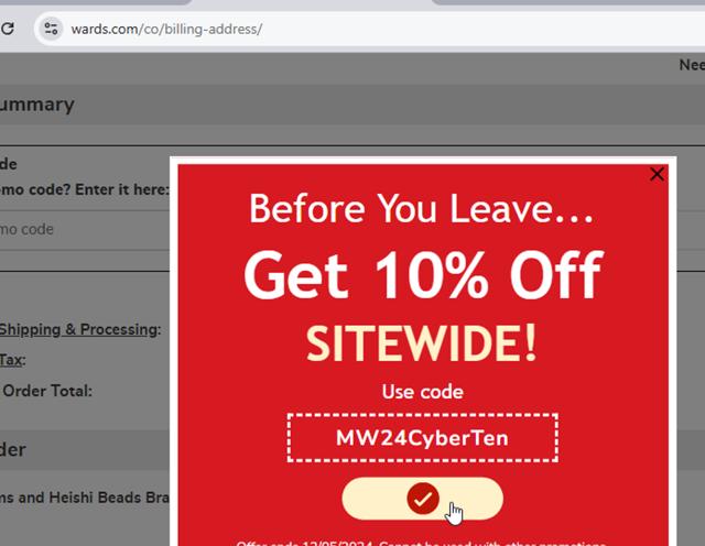 Montgomery Ward checkout page showing Montgomery Ward promo code box | Screenshot taken by SimplyCodes community member on Dec 2, 2024
