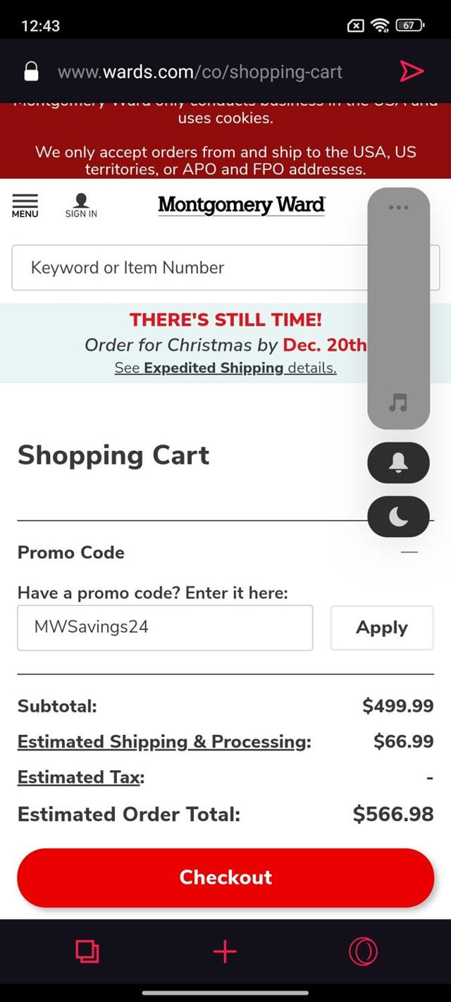 Montgomery Ward checkout page showing Montgomery Ward promo code box | Screenshot taken by SimplyCodes community member on Dec 20, 2024