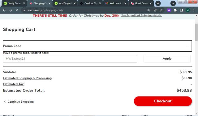 Montgomery Ward checkout page showing Montgomery Ward promo code box | Screenshot taken by SimplyCodes community member on Dec 20, 2024