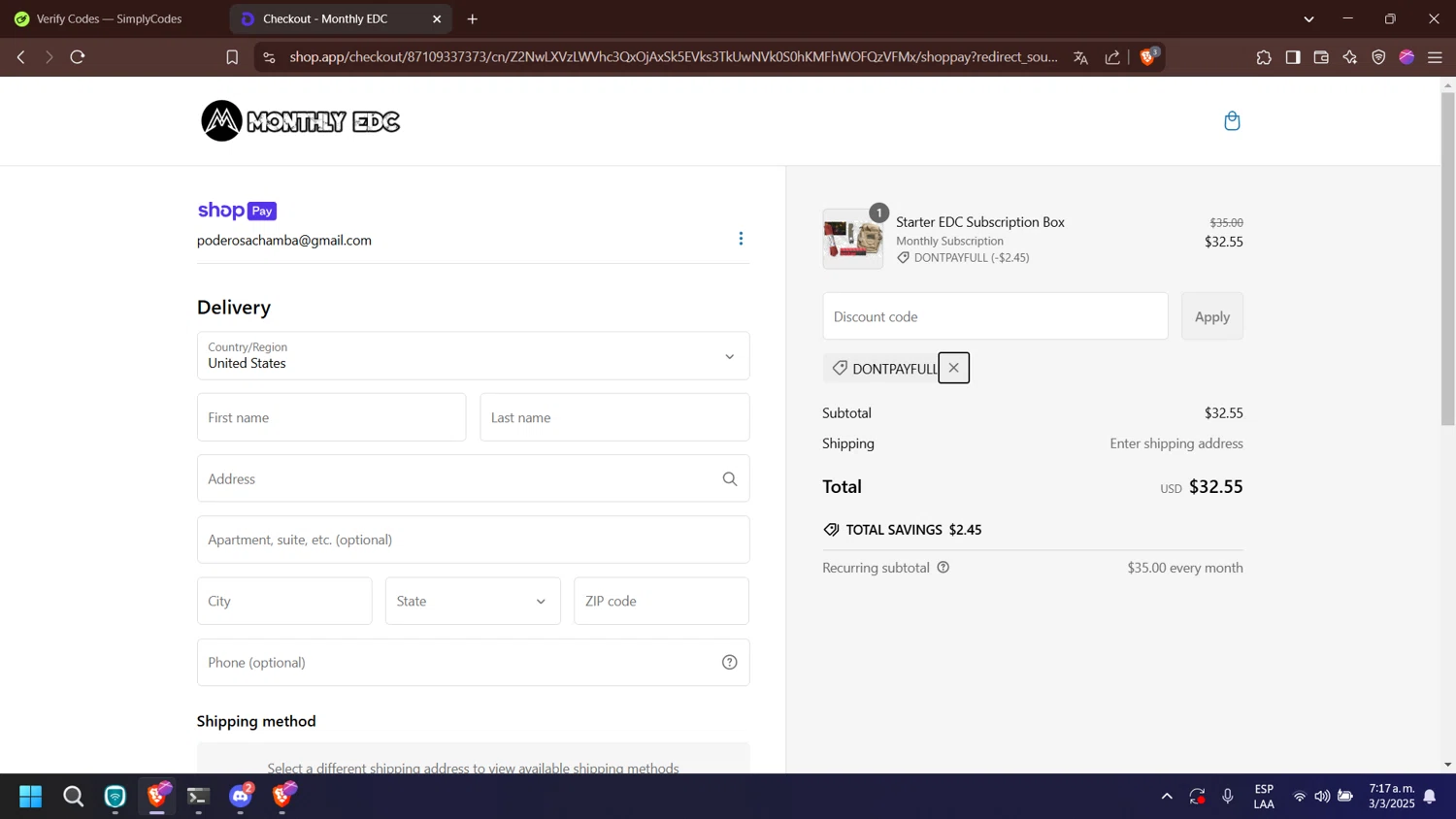 Monthly EDC checkout page showing Monthly EDC promo code box | Screenshot taken by SimplyCodes community member on Mar 3, 2025
