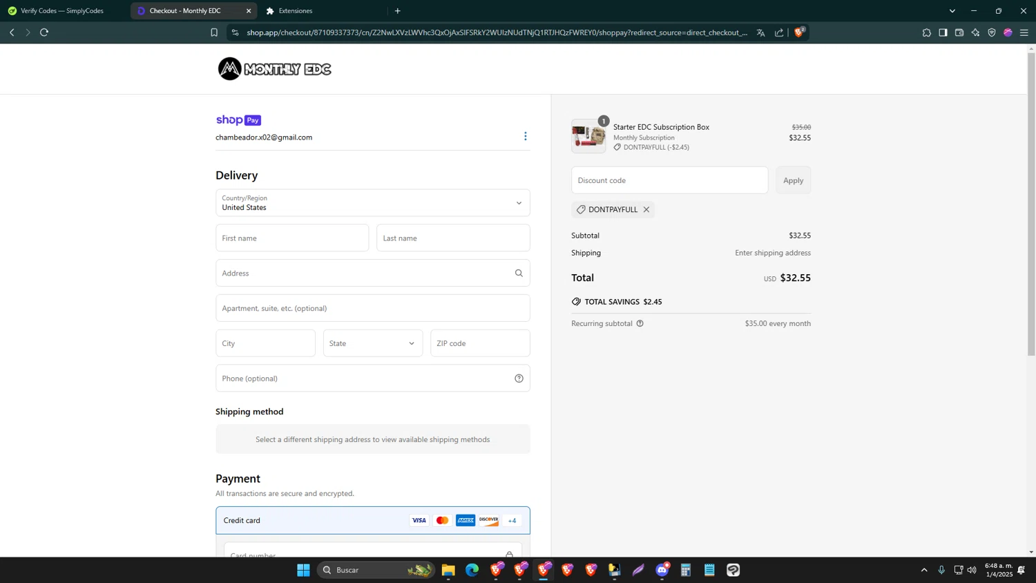 Monthly EDC promo code screenshot showing code DONTPAYFULL applied at Monthly EDC checkout page. Uploaded by SimplyCodes community member NortTiger on Apr 1, 2025