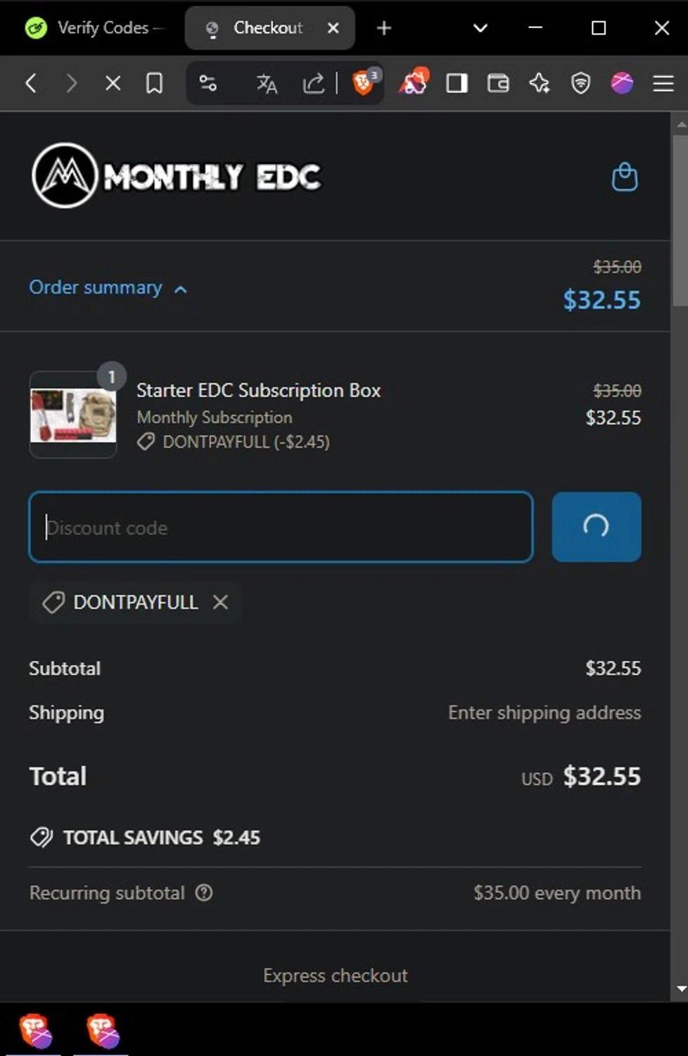 Monthly EDC promo code screenshot showing code DONTPAYFULL applied at Monthly EDC checkout page. Uploaded by SimplyCodes community member Yoseff2 on Apr 1, 2025