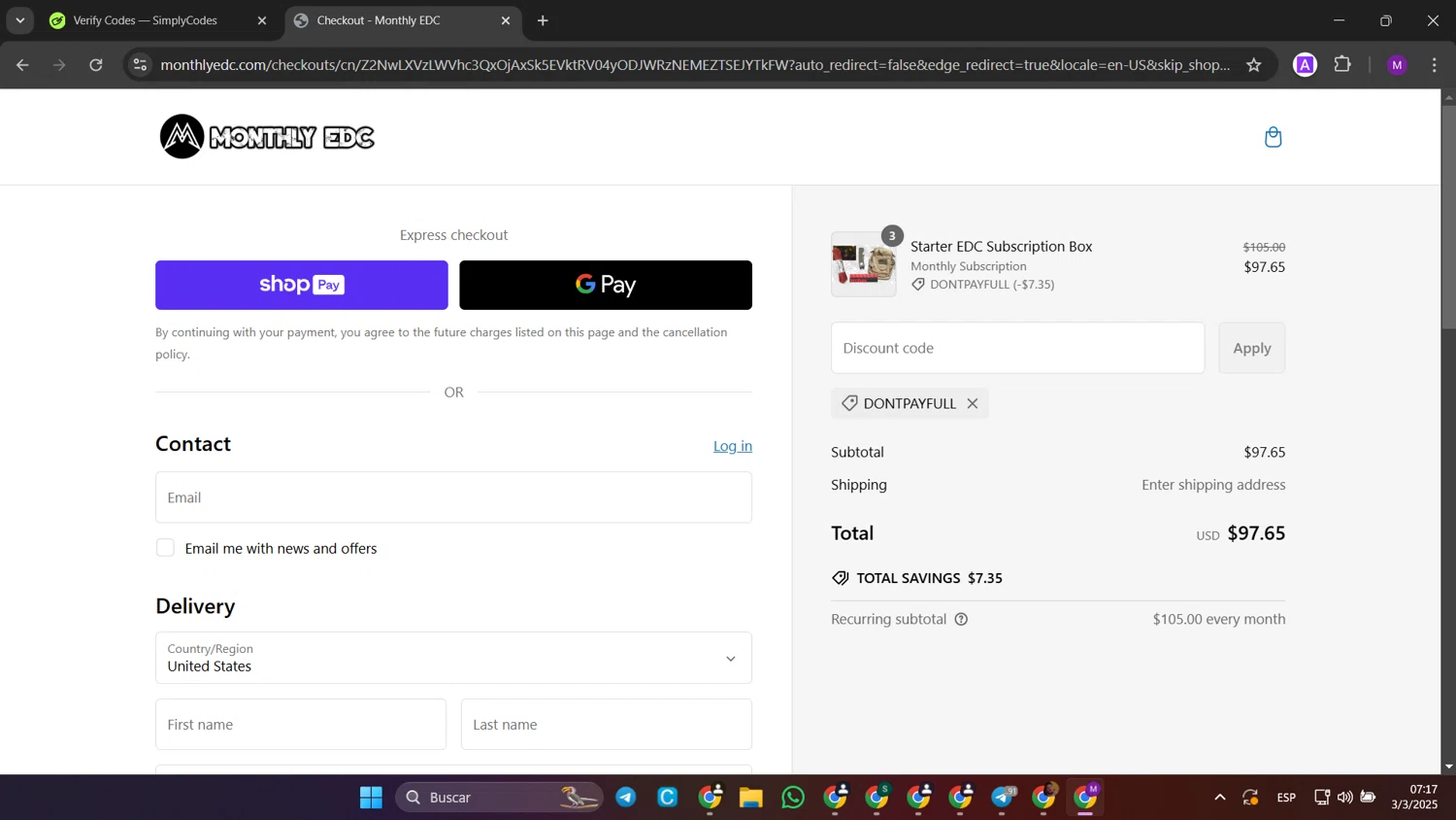 Monthly EDC checkout page showing Monthly EDC promo code box | Screenshot taken by SimplyCodes community member on Mar 3, 2025