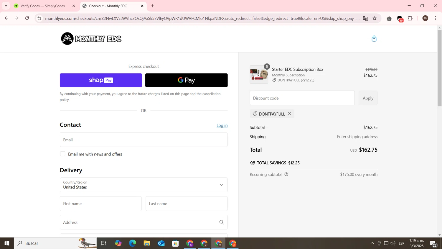 Monthly EDC promo code screenshot showing code DONTPAYFULL applied at Monthly EDC checkout page. Uploaded by SimplyCodes community member othmanmartinez on Mar 3, 2025