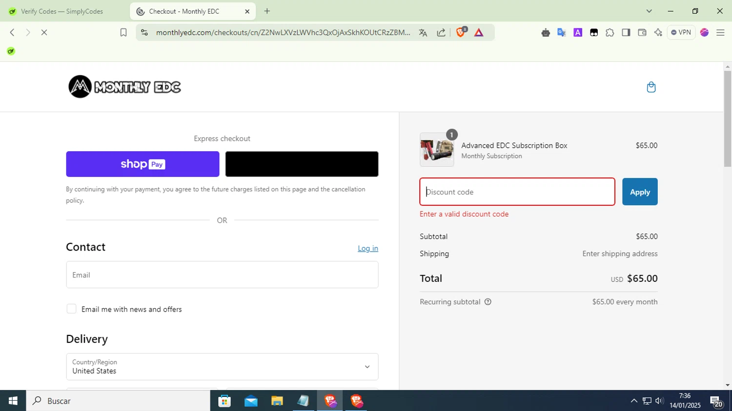 Monthly EDC promo code screenshot showing code HOHOHO24 applied at Monthly EDC checkout page. Uploaded by SimplyCodes community member LuckyFox7067 on Jan 14, 2025