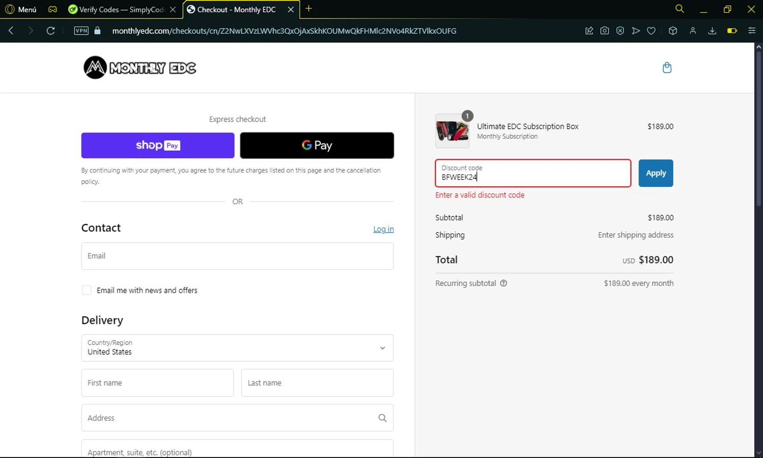Monthly EDC promo code screenshot showing code BFWEEK24 applied at Monthly EDC checkout page. Uploaded by SimplyCodes community member omarelpollo on Jan 14, 2025