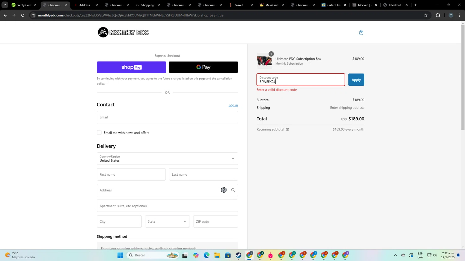 Monthly EDC promo code screenshot showing code BFWEEK24 applied at Monthly EDC checkout page. Uploaded by SimplyCodes community member yosuethgotopo on Jan 14, 2025