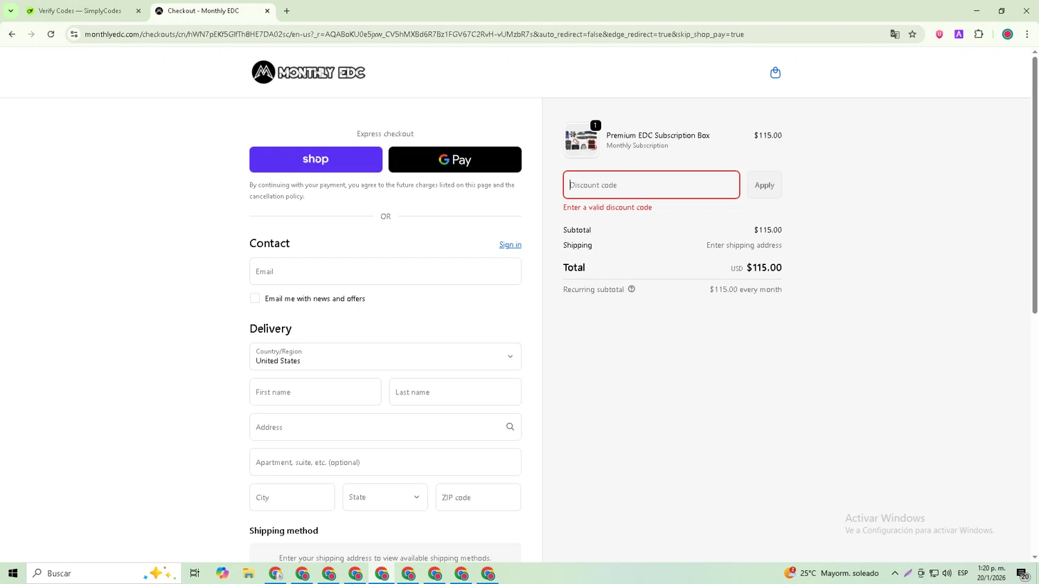 Monthly EDC promo code screenshot showing code JOLLY25 applied at Monthly EDC checkout page. Uploaded by SimplyCodes community member GoldRanger7074 on Jan 20, 2026
