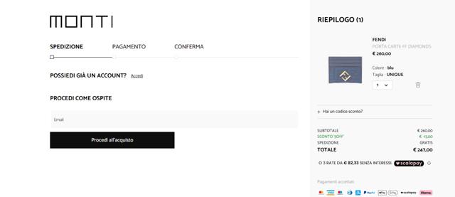 Monti Boutique checkout page showing Monti Boutique promo code box | Screenshot taken by SimplyCodes community member on May 25, 2025