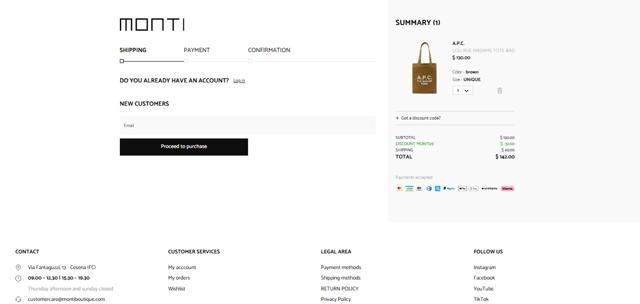 Monti Boutique checkout page showing Monti Boutique promo code box | Screenshot taken by SimplyCodes community member on May 3, 2025