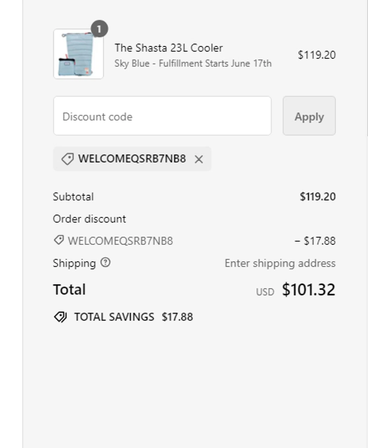 Monti Coolers checkout page showing Monti Coolers discount code box | Screenshot taken by SimplyCodes community member on Jun 10, 2024