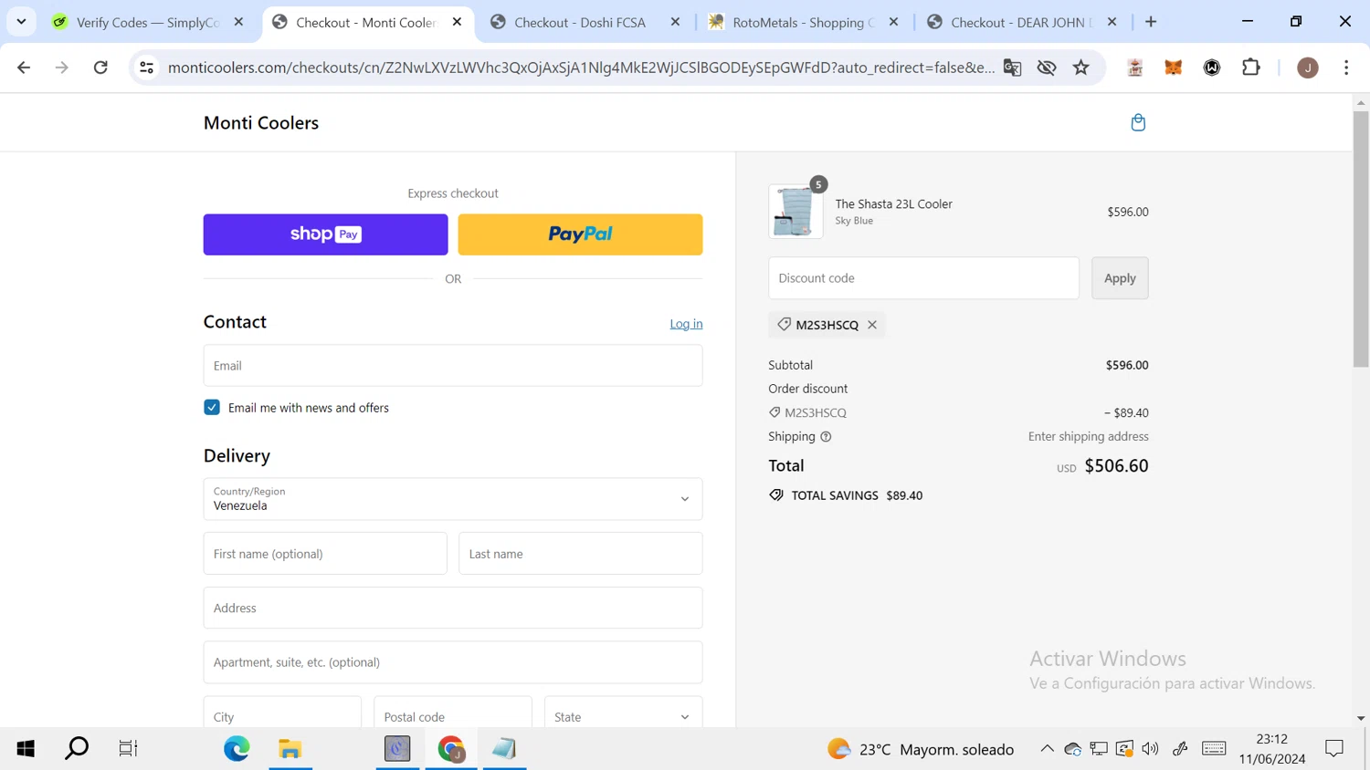 Monti Coolers checkout page showing Monti Coolers discount code box | Screenshot taken by SimplyCodes community member on Jun 12, 2024