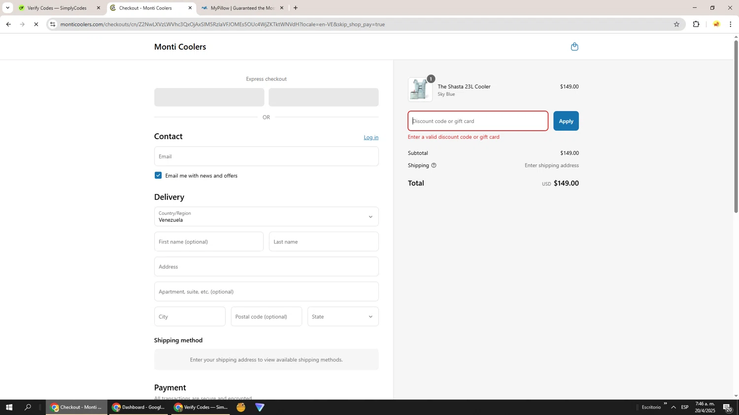 Monti Coolers discount code screenshot showing code MONTI10 applied at Monti Coolers checkout page. Uploaded by SimplyCodes community member Richard251 on Apr 20, 2025