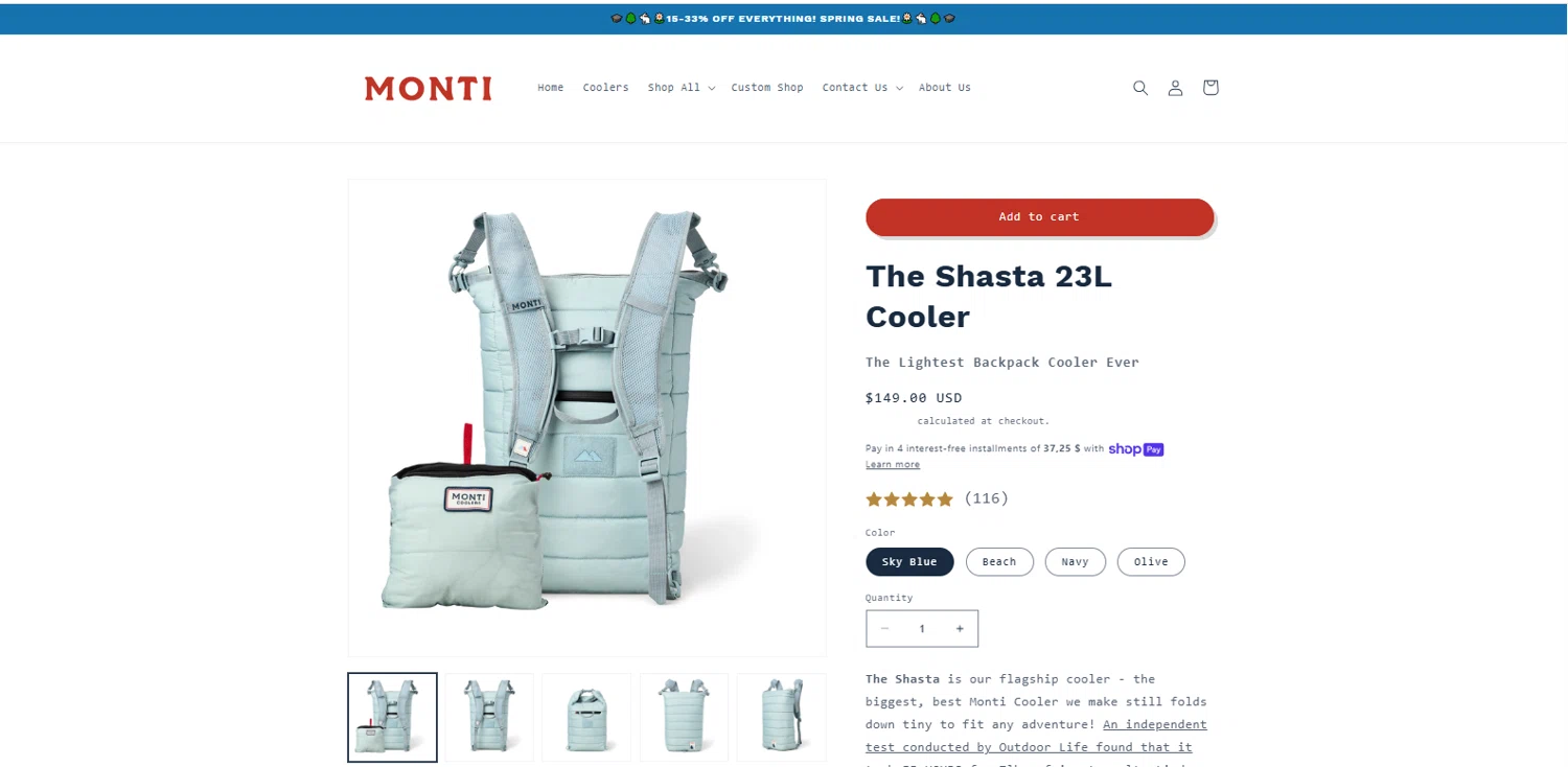 Monti Coolers discount code screenshot showing code MONTI10 applied at Monti Coolers checkout page. Uploaded by SimplyCodes community member dimitriv on Apr 20, 2025
