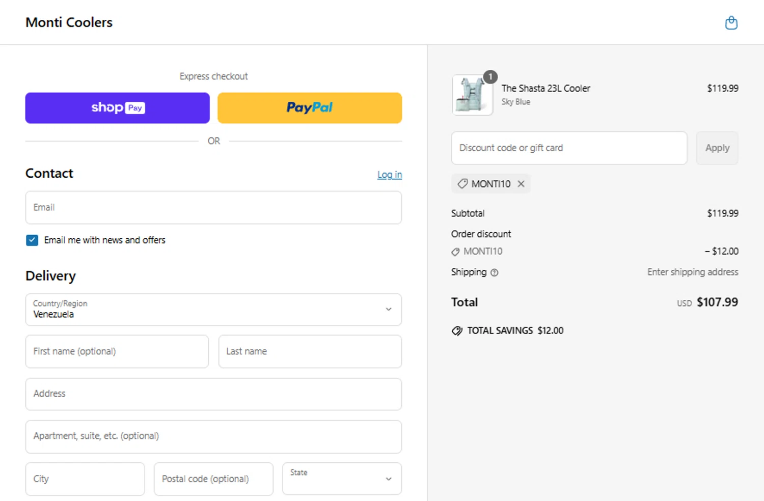 Monti Coolers discount code screenshot showing code MONTI10 applied at Monti Coolers checkout page. Uploaded by SimplyCodes community member gabrielponce on May 29, 2025