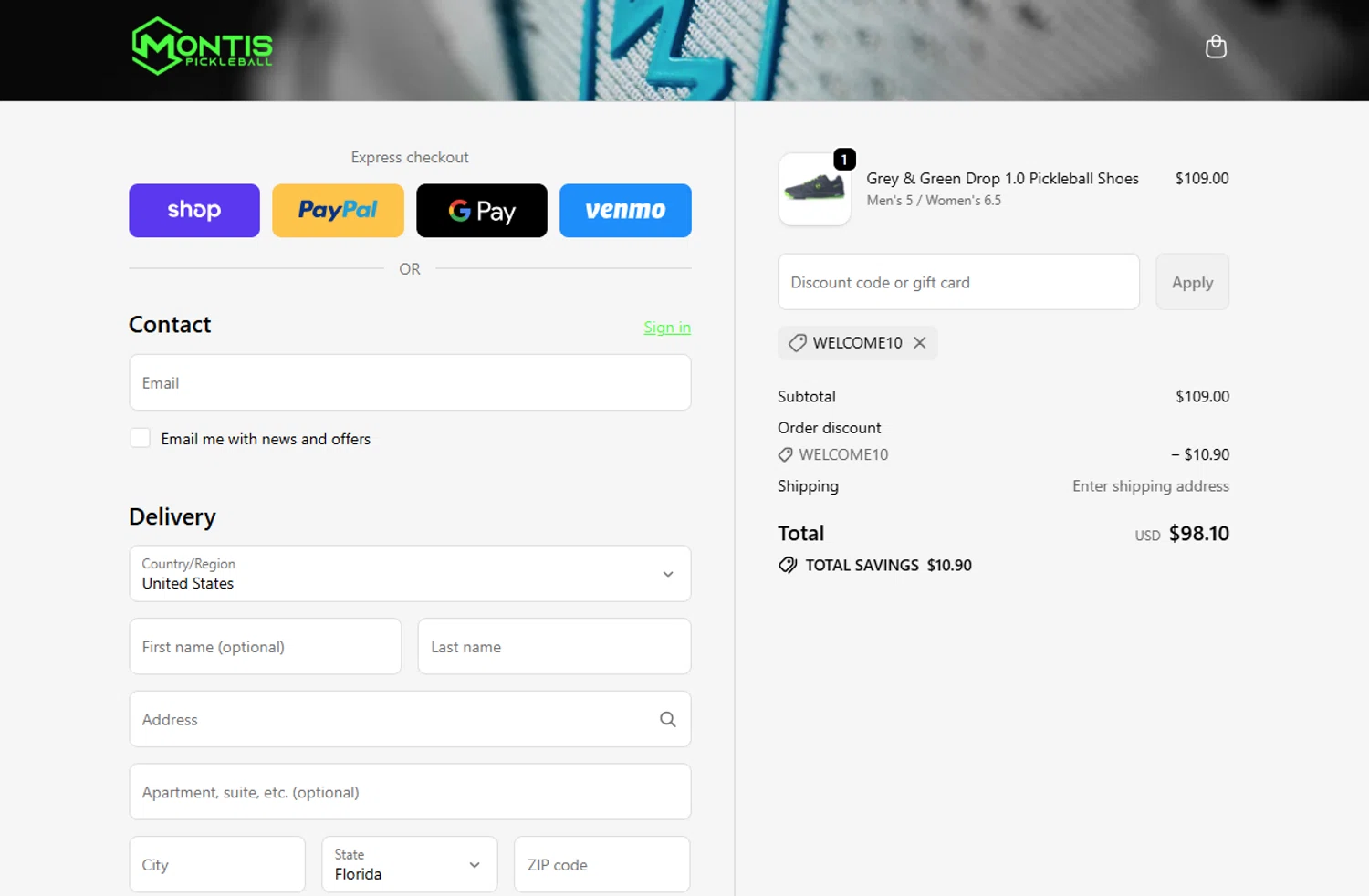 Montis Pickleball promo code screenshot showing code WELCOME10 applied at Montis Pickleball checkout page. Uploaded by SimplyCodes community member Powerrangerazul on Nov 6, 2025