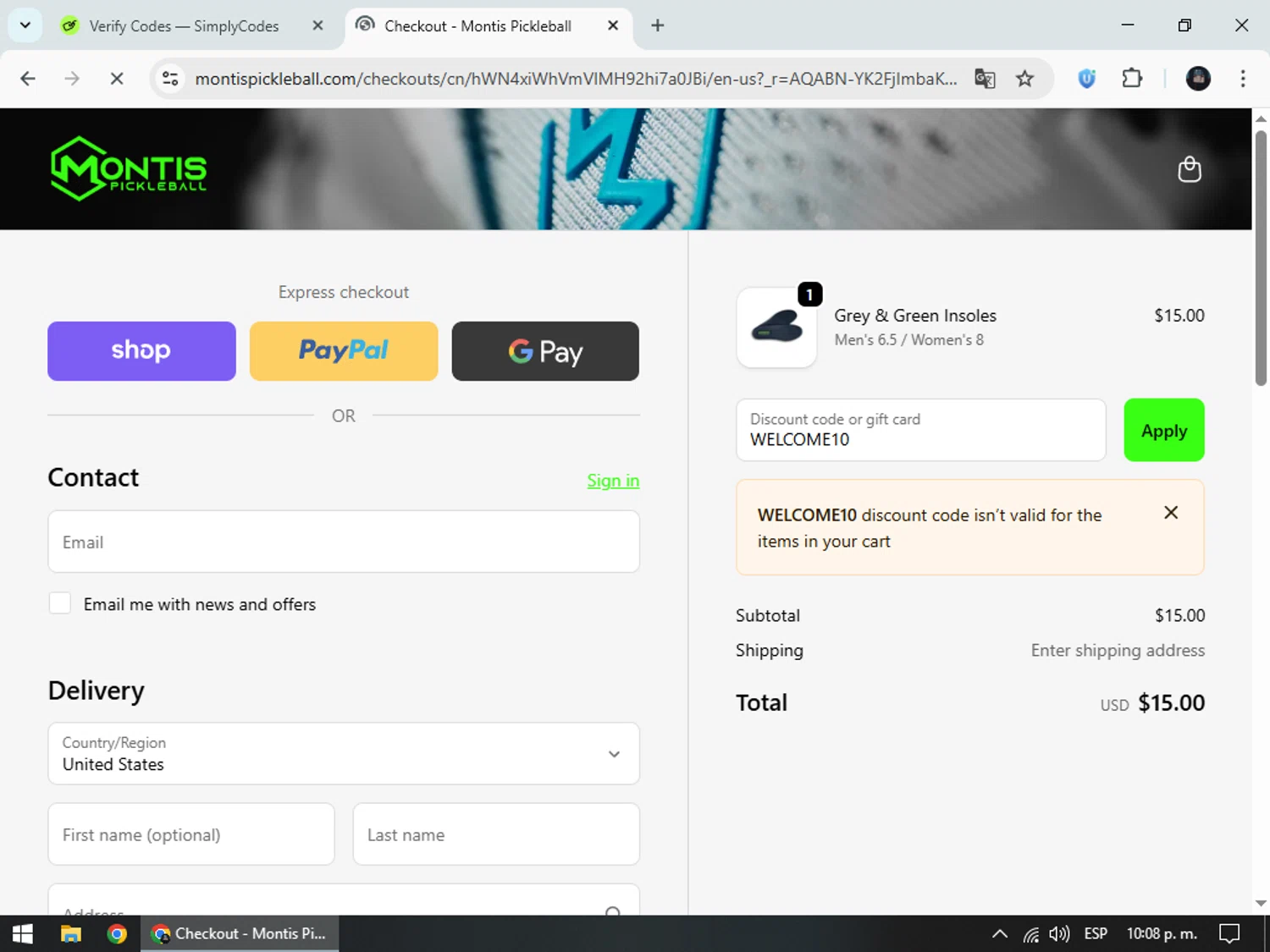 Montis Pickleball promo code screenshot showing code WELCOME10 applied at Montis Pickleball checkout page. Uploaded by SimplyCodes community member ValueElite5945 on Nov 6, 2025