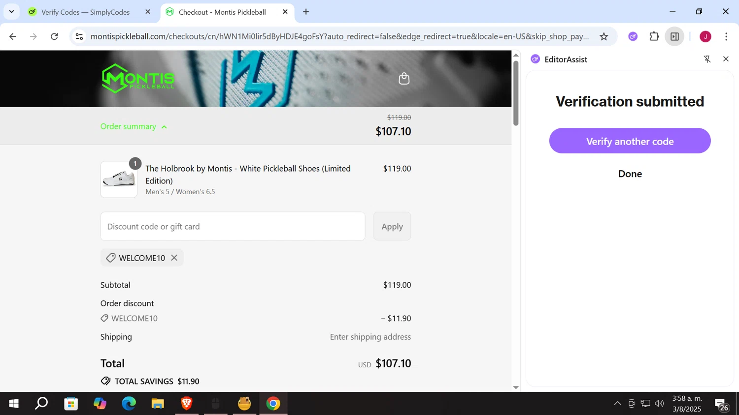 Montis Pickleball promo code screenshot showing code WELCOME10 applied at Montis Pickleball checkout page. Uploaded by SimplyCodes community member vergil_lains on Aug 3, 2025