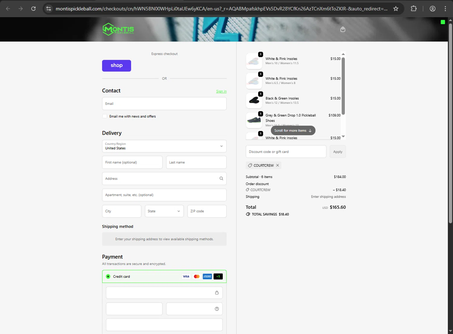 Montis Pickleball promo code screenshot showing code Courtcrew applied at Montis Pickleball checkout page. Uploaded by SimplyCodes community member RINITOSHI on Nov 11, 2025