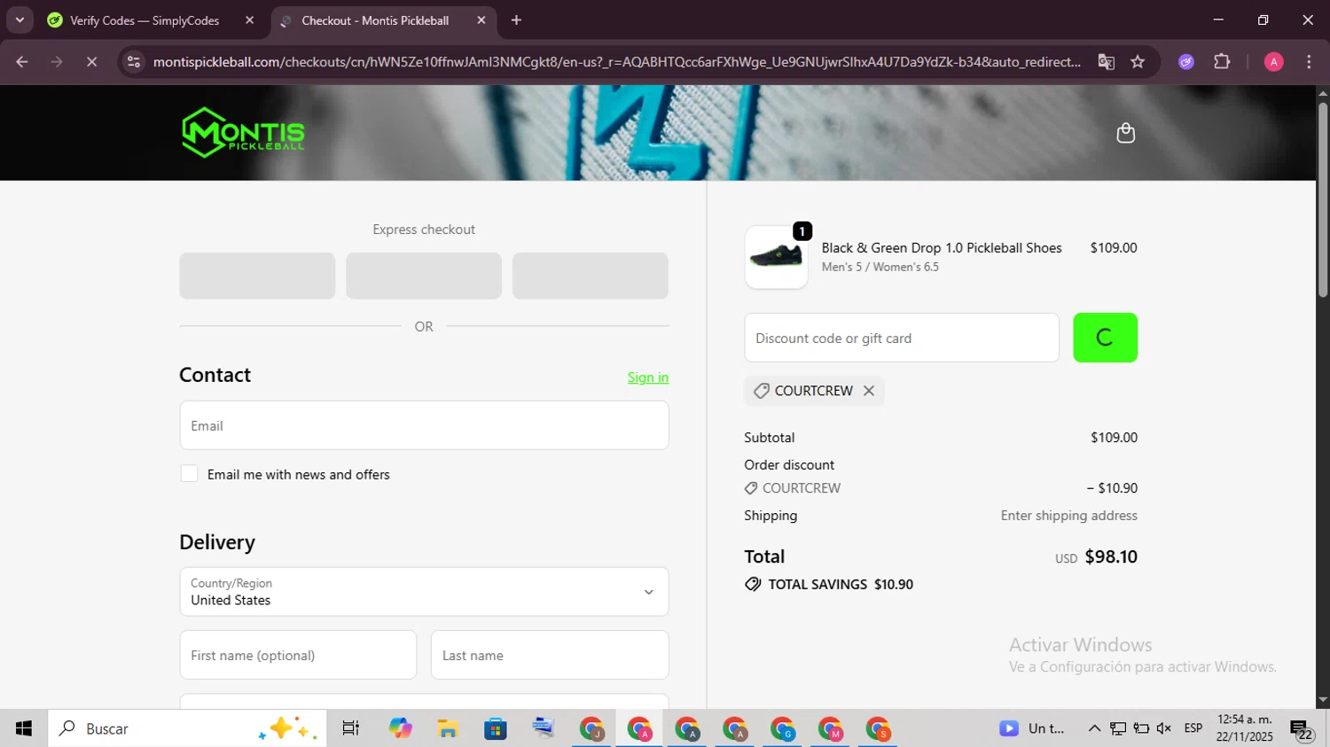 Montis Pickleball promo code screenshot showing code Courtcrew applied at Montis Pickleball checkout page. Uploaded by SimplyCodes community member SaleScholar6713 on Nov 22, 2025