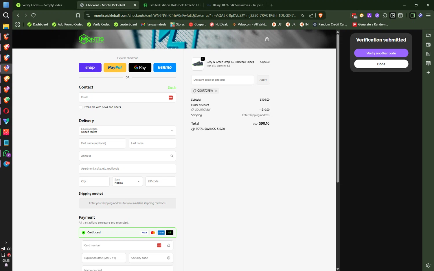 Montis Pickleball promo code screenshot showing code Courtcrew applied at Montis Pickleball checkout page. Uploaded by SimplyCodes community member QuantumRider5931 on Dec 13, 2025