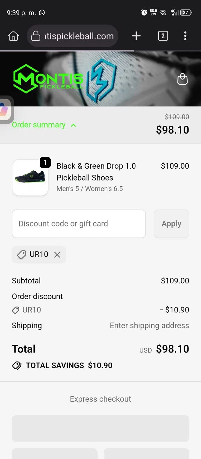 Montis Pickleball promo code screenshot showing code Ur10 applied at Montis Pickleball checkout page. Uploaded by SimplyCodes community member GumballWatterson on Nov 6, 2025