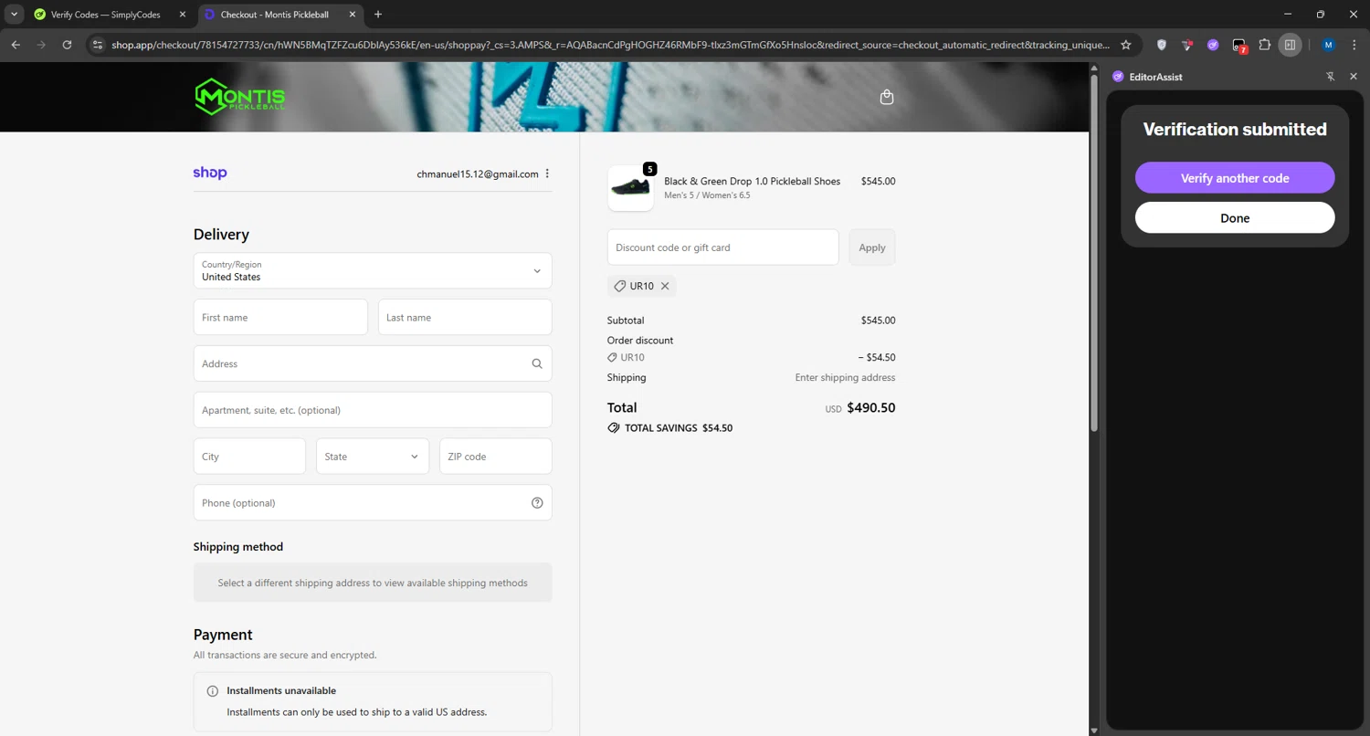 Montis Pickleball promo code screenshot showing code Ur10 applied at Montis Pickleball checkout page. Uploaded by SimplyCodes community member manuelchirinos2 on Nov 11, 2025