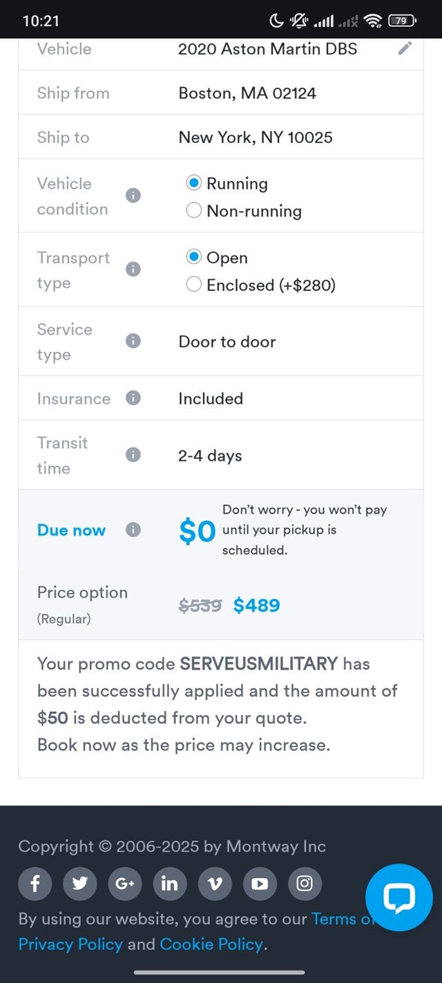 Montway Auto Transport checkout page showing Montway Auto Transport promo code box | Screenshot taken by SimplyCodes community member on Jun 3, 2025