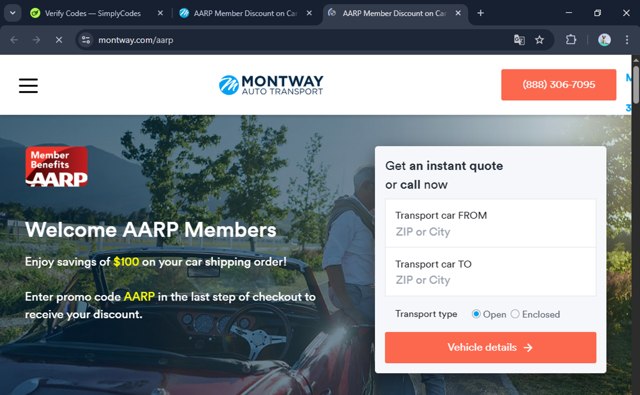 Montway Auto Transport checkout page showing Montway Auto Transport promo code box | Screenshot taken by SimplyCodes community member on Apr 20, 2025