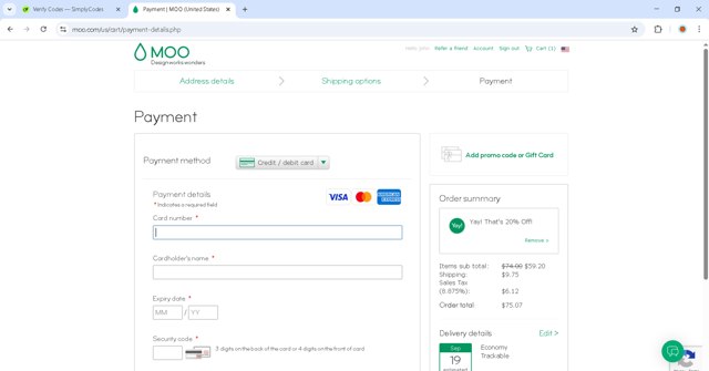 MOO checkout page showing MOO promo code box | Screenshot taken by SimplyCodes community member on Sep 5, 2025