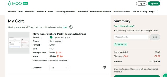 MOO checkout page showing MOO promo code box | Screenshot taken by SimplyCodes community member on Aug 13, 2025