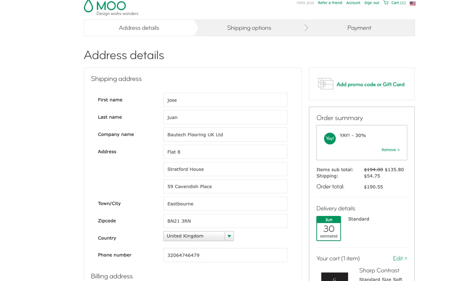 MOO promo code screenshot showing code JUNEBACK applied at MOO checkout page. Uploaded by SimplyCodes community member ELOIN777 on Jun 18, 2026