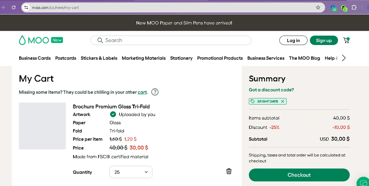 MOO promo code screenshot showing code BRIGHTDAYS applied at MOO checkout page. Uploaded by SimplyCodes community member beatrizcastillo on Apr 9, 2026
