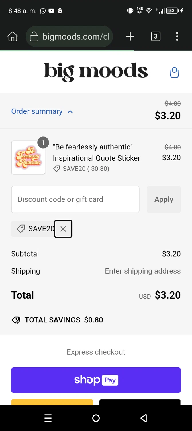 Big Moods discount code screenshot showing code SAVE20 applied at Big Moods checkout page. Uploaded by SimplyCodes community member NobleSaver8091 on Jan 1, 2025