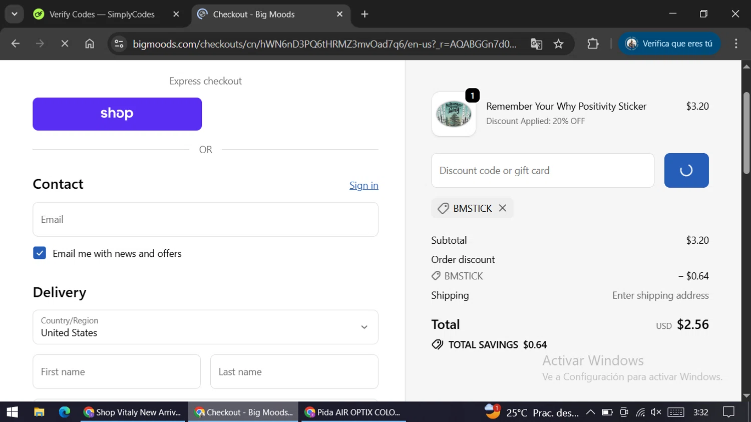 Big Moods discount code screenshot showing code BMSTICK applied at Big Moods checkout page. Uploaded by SimplyCodes community member ariannycfh on Dec 24, 2025
