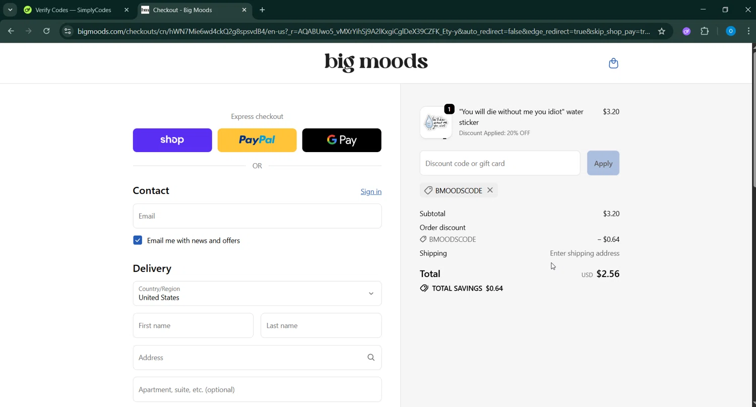Big Moods discount code screenshot showing code BMOODSCODE applied at Big Moods checkout page. Uploaded by SimplyCodes community member _____________ on Jan 8, 2026