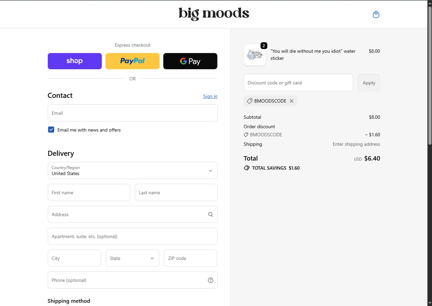 Big Moods discount code screenshot showing code BMOODSCODE applied at Big Moods checkout page. Uploaded by SimplyCodes community member MagnificentFalcon188 on Nov 15, 2025