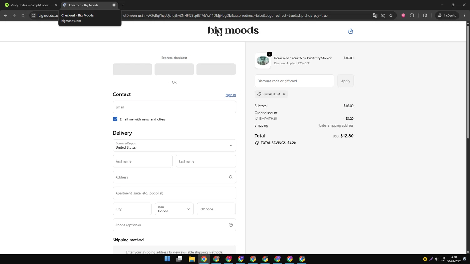 Big Moods discount code screenshot showing code BMFAITH20 applied at Big Moods checkout page. Uploaded by SimplyCodes community member AVAMUSTANG on Jan 8, 2026