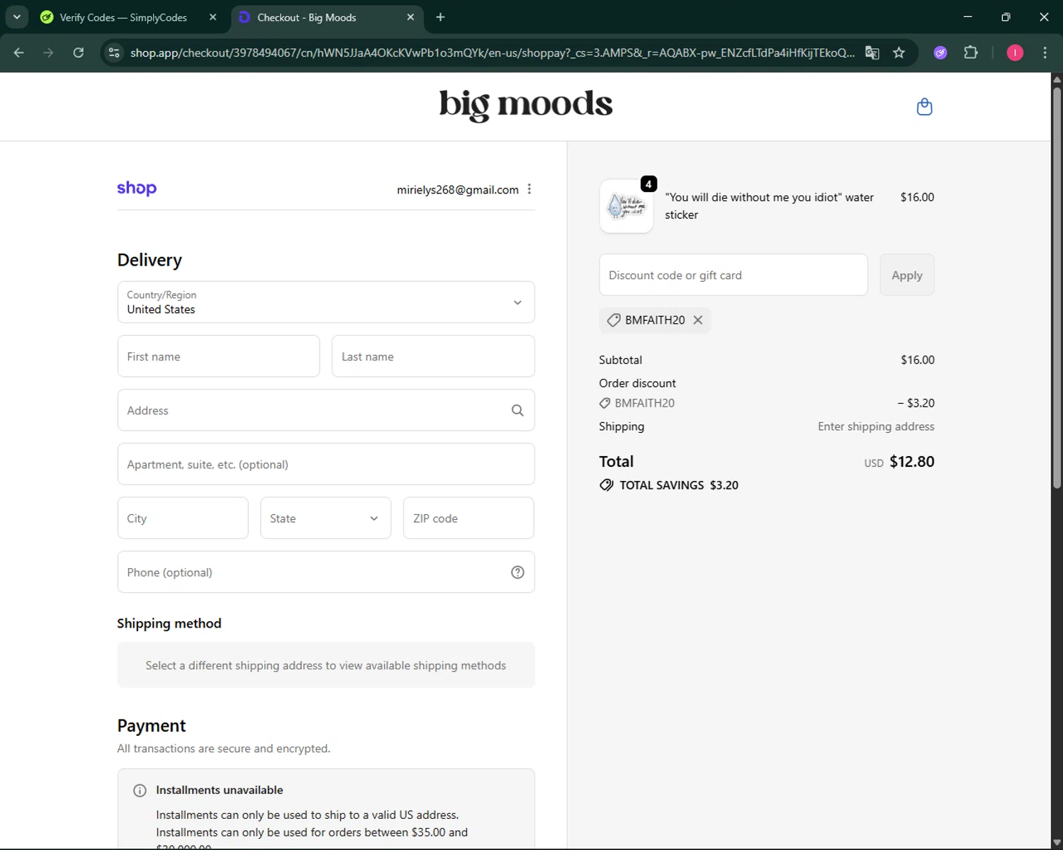 Big Moods discount code screenshot showing code BMFAITH20 applied at Big Moods checkout page. Uploaded by SimplyCodes community member BargainSeeker9964 on Nov 15, 2025