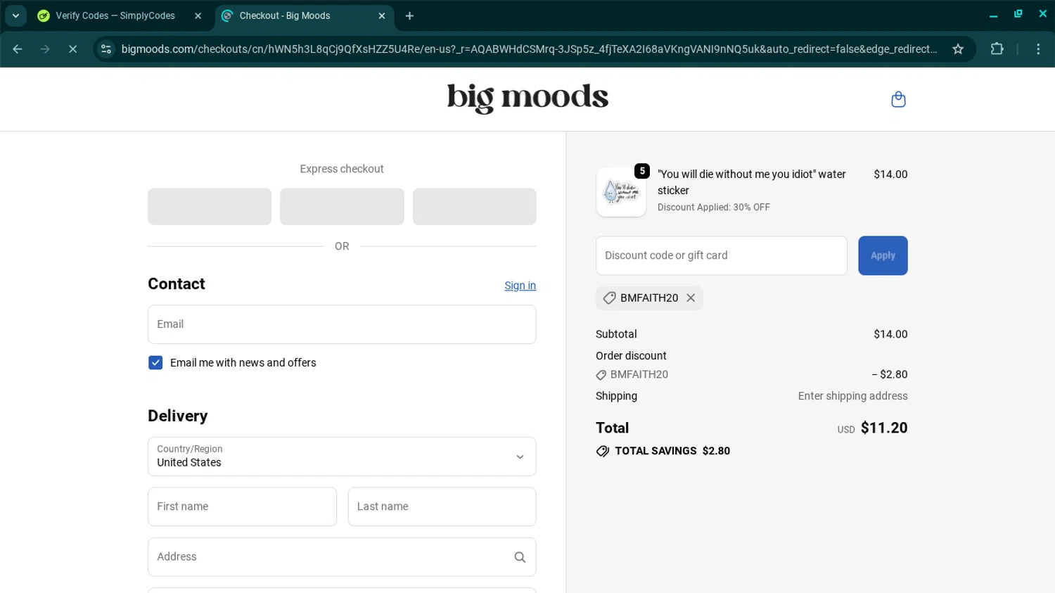 Big Moods discount code screenshot showing code BMFAITH20 applied at Big Moods checkout page. Uploaded by SimplyCodes community member SwiftSage2309 on Nov 25, 2025