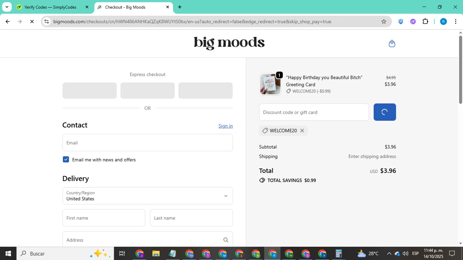 Big Moods discount code screenshot showing code welcome20 applied at Big Moods checkout page. Uploaded by SimplyCodes community member CodeShopper8605 on Oct 15, 2025