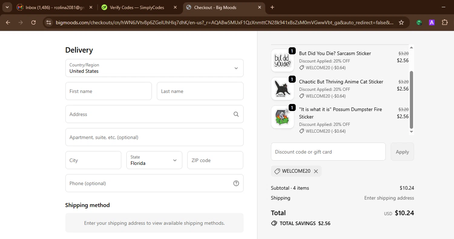 Big Moods discount code screenshot showing code welcome20 applied at Big Moods checkout page. Uploaded by SimplyCodes community member SnoopDogg on Dec 11, 2025